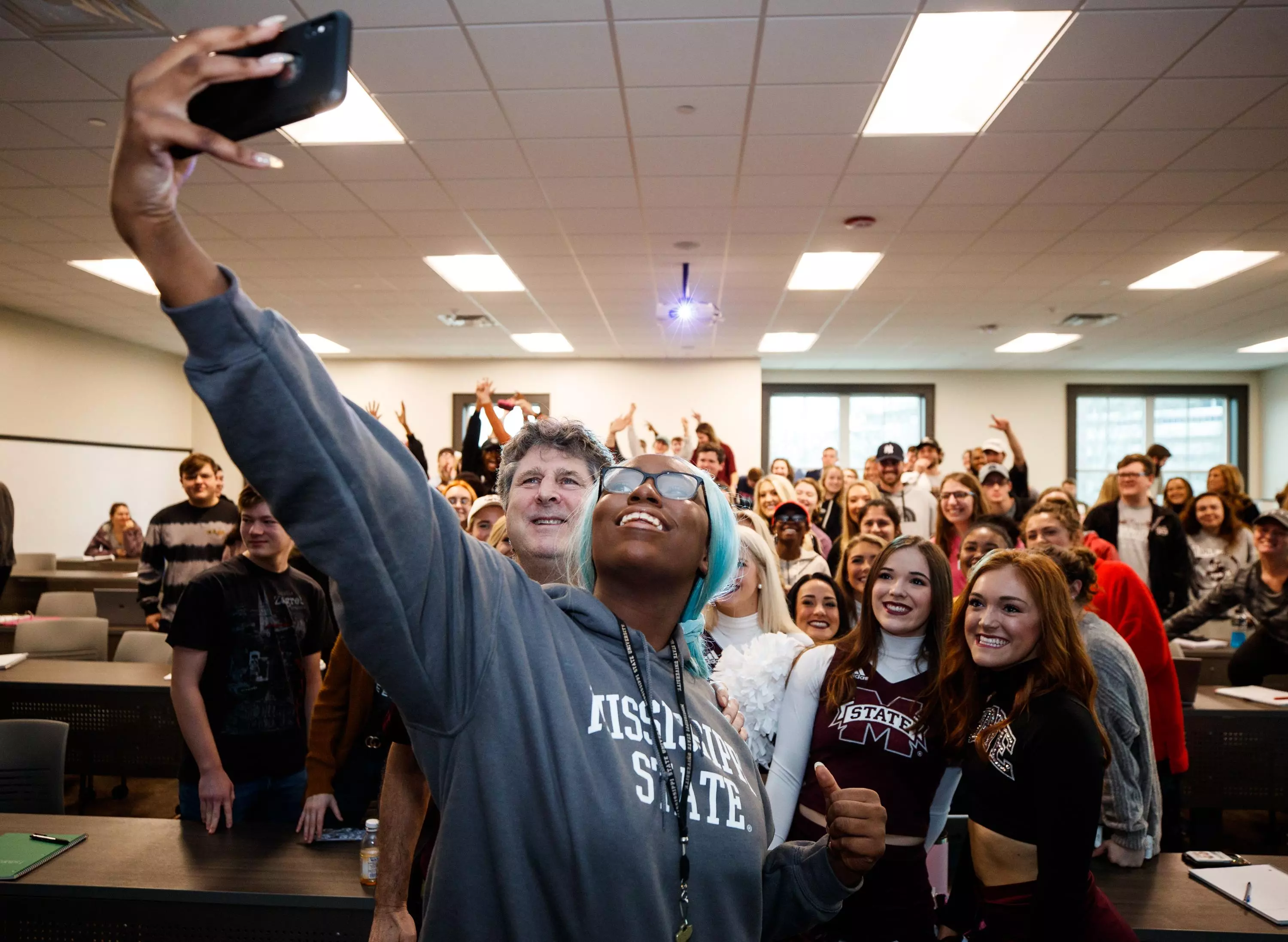 STARKVILLE, MS - JANUARY 10, 2020 - Mike Leach, the new Head Coach of the Mississippi State Bulldogs football team visits a classroom on Mississippi State Campus in Starkville, MS. Photo By Aaron Cornia