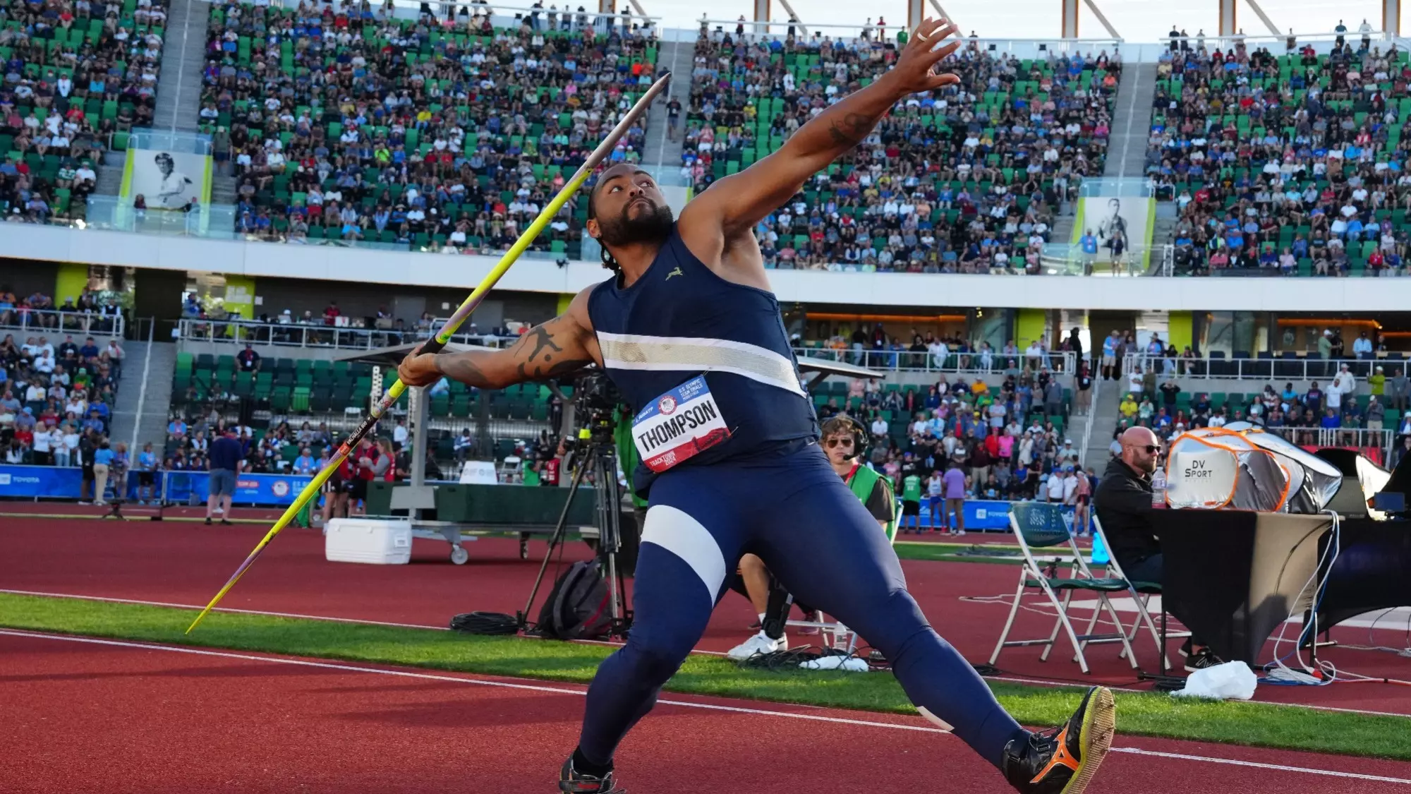 Jun 23, 2024; Eugene, OR, USA; Curtis Thompson wins the javelin at 272-5 (83.04m) during the US Olympic Team Trials at Hayward Field. Mandatory Credit: Kirby Lee-USA TODAY Sports