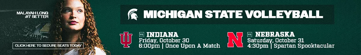 Volleyball vs. Indiana and Nebraska single game ticket graphic showing dates and times of the game