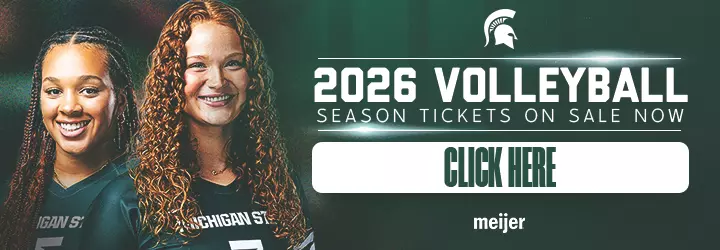 2026 Volleyball Season Ticket Memberships On Sale graphic with a photo of two volleyball players and a call to action to click the image