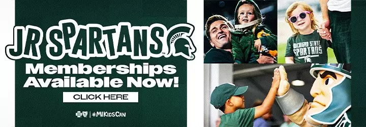 2026-27 Jr Spartan Memberships On Sale graphic with a photo of sparty