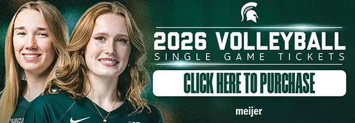 2026 Volleyball Single Game Tickets on sale graphic with a photo of two volleyball athletes