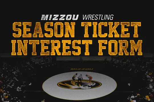 Mizzou Wrestling 2026 Season Ticket Interest Form with Mizzou Wrestling mat in the background.