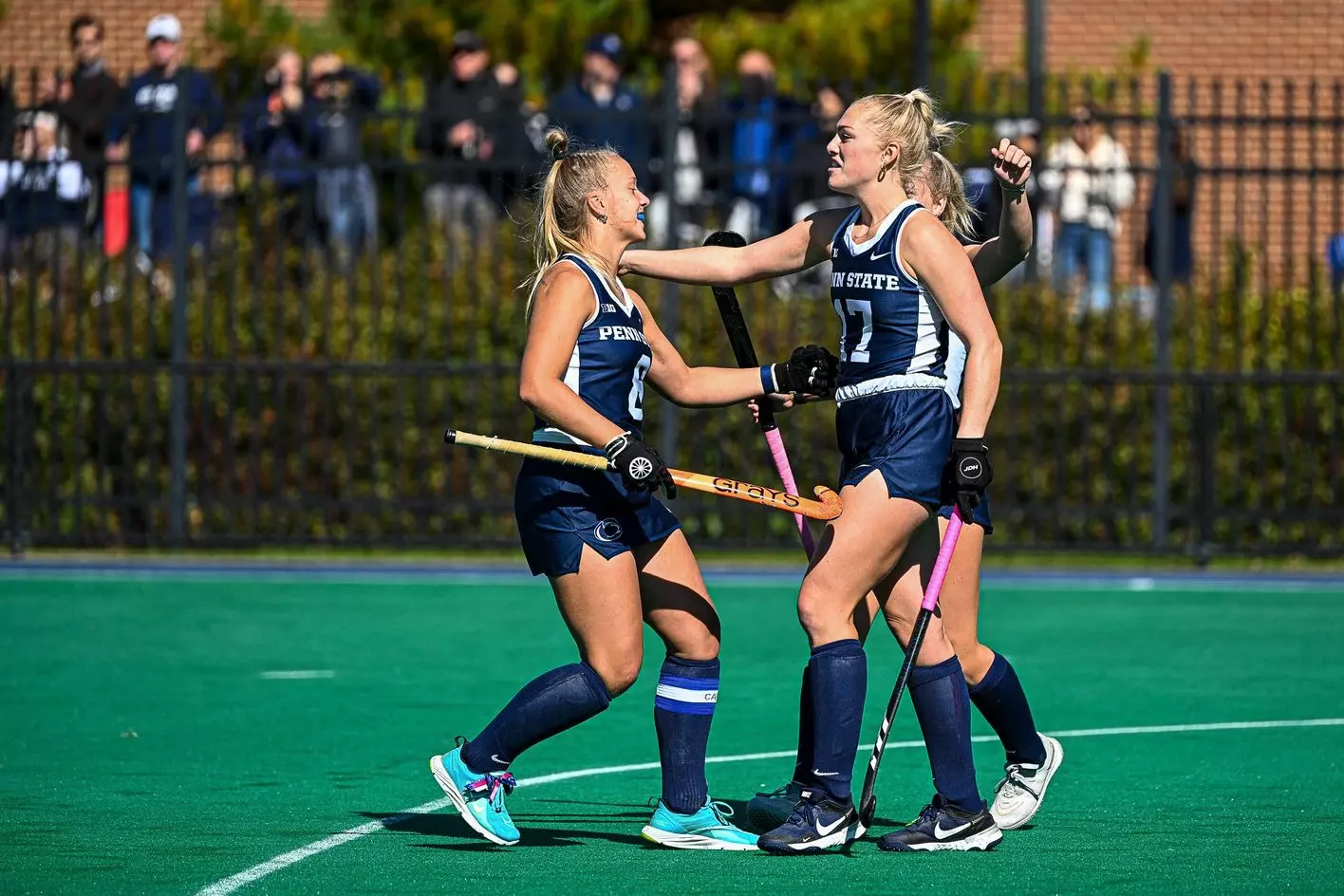 Penn State celebrates Anna Simon (17) penalty corner goal during the game with Lafayette. The No.5 Nittany Lions defeated Lafayette, 2-1 in double overtime at the Penn State Field Hockey Complex on Sunday afternoon Oct. 9, 2022.
Photo by Mark Selders