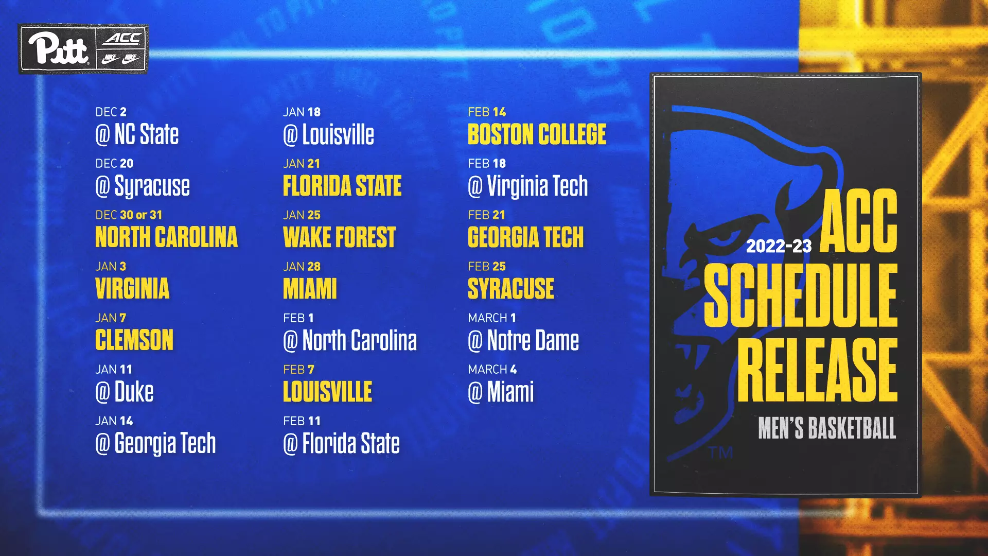 Atlantic Coast Conference Announces 2022-23 Men's Basketball Schedule - Pitt Panthers #H2P atlantic-coast-conference-announces-2022-23-men-s-basketball-schedule-pitt-panthers-h2p