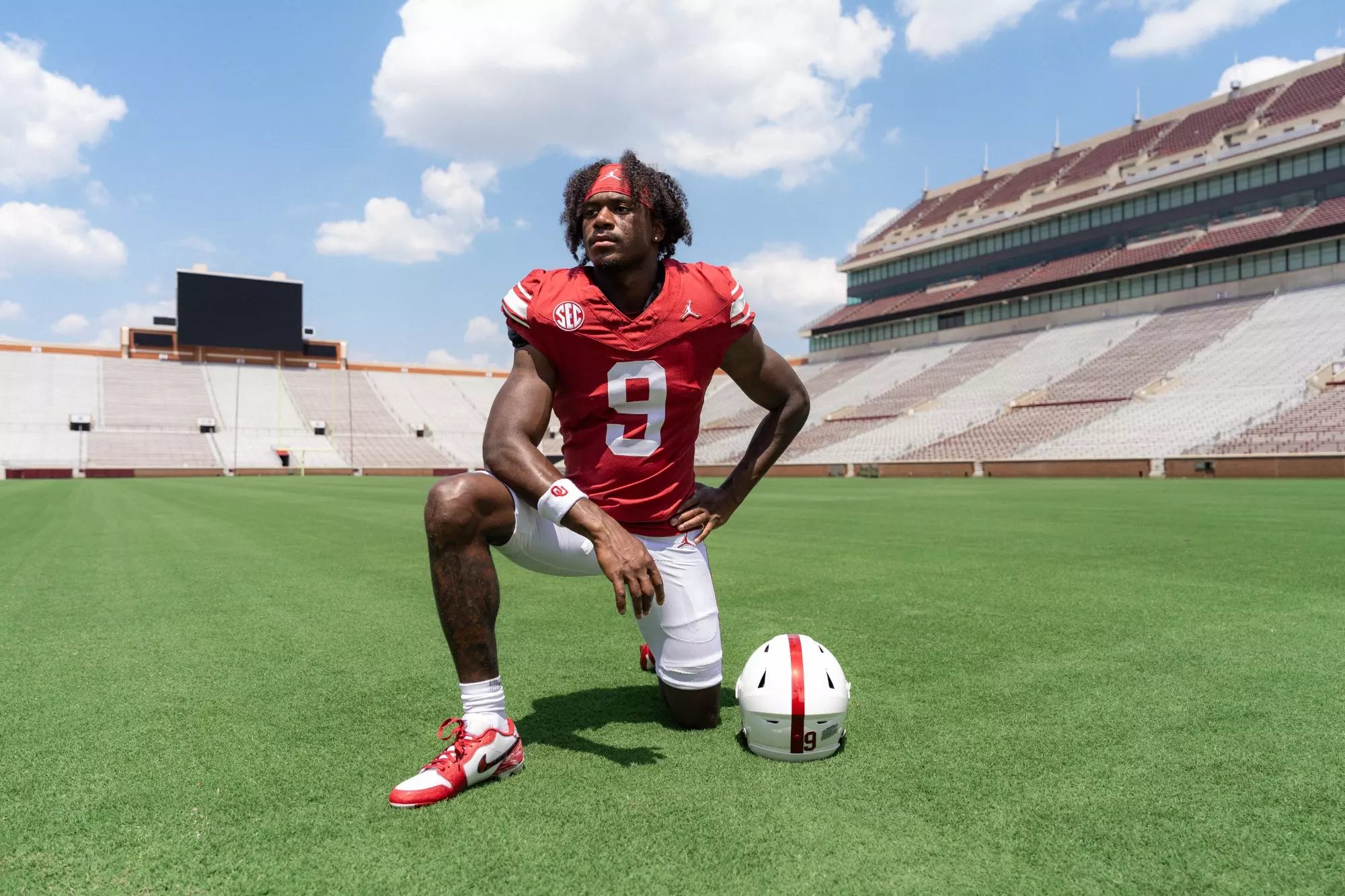 NORMAN, OK - August 05, 2024 - Oklahoma Defensive back Gentry Williams (#9) during Oklahoma Sooners Football Throwback Uniform photoshoot in Norman, OK. Photo By Morgan Givens/University of Oklahoma