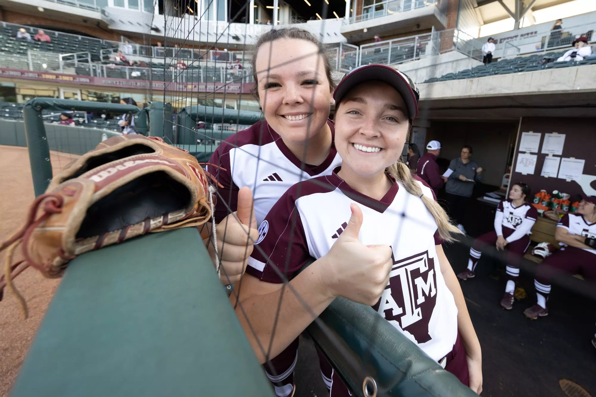 COLLEGE STATION, TX - March 28, 2023 - Infielder Aiyana Coleman #17 of the Texas A&M Aggies and Outfielder Paige Lott #7 of Texas A&M Aggies during the game between the Lamar Cardinals and the Texas A&M Aggies at Davis Diamond in College Station, TX. Photo By Evan Pilat/Texas A&M Athletics