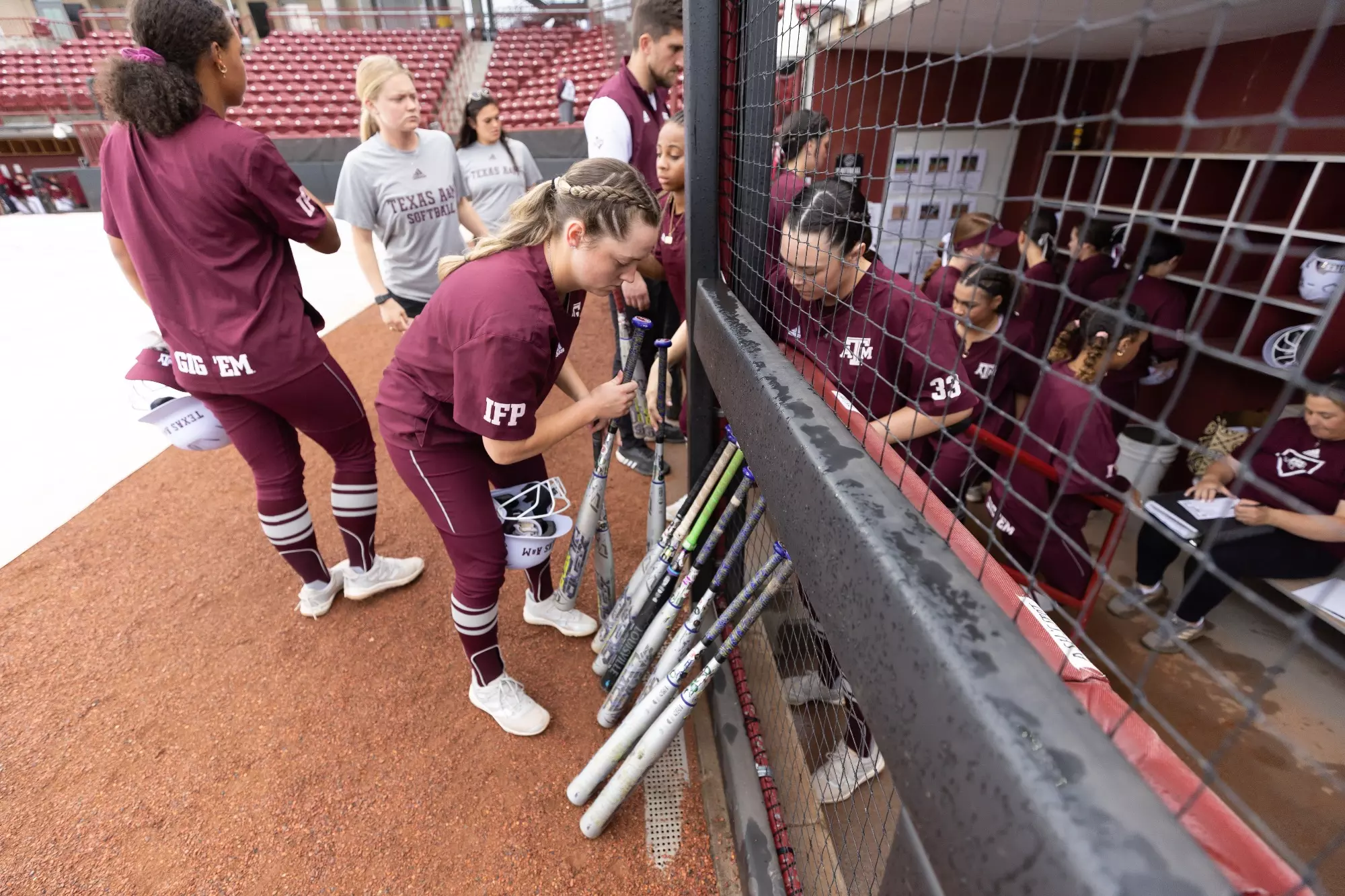 COLUMBIA, SC - April 14, 2023 - Outfielder Paige Lott #7 of Texas A&M Aggies during the game between the South Carolina Gamecocks and the Texas A&M Aggies at Carolina Softball Stadium at Beckham Field in Columbia, SC. Photo By Evan Pilat