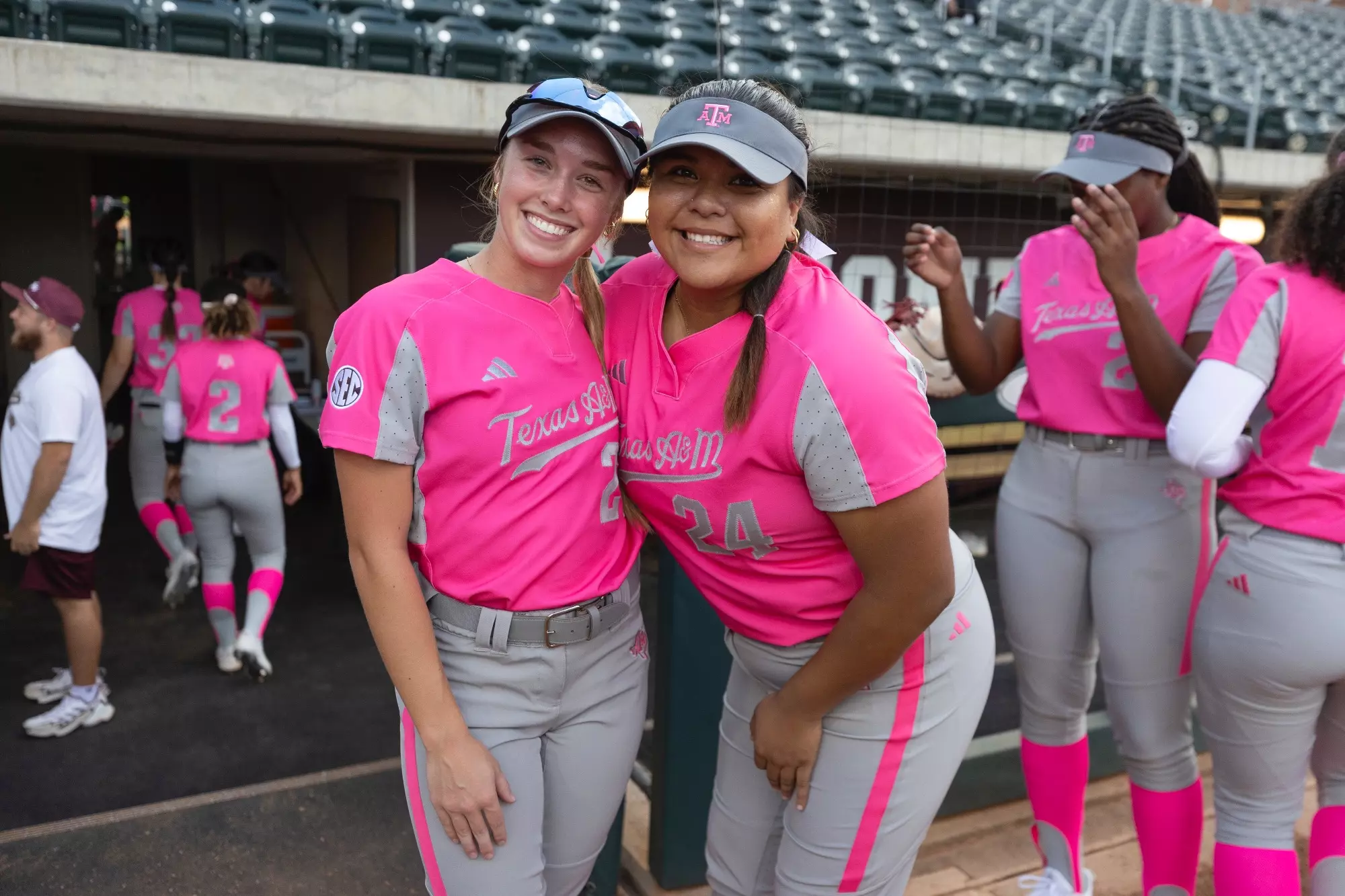 COLLEGE STATION, TX - October 24, 2023 - Scout Lovell #21 of the Texas A&M Aggies and Mya Perez #24 of the Texas A&M Aggies during the game between the McLennan Highlanders and the Texas A&M Aggies at Davis Diamond in College Station, TX. Photo By Evan Pilat/Texas A&M Athletics