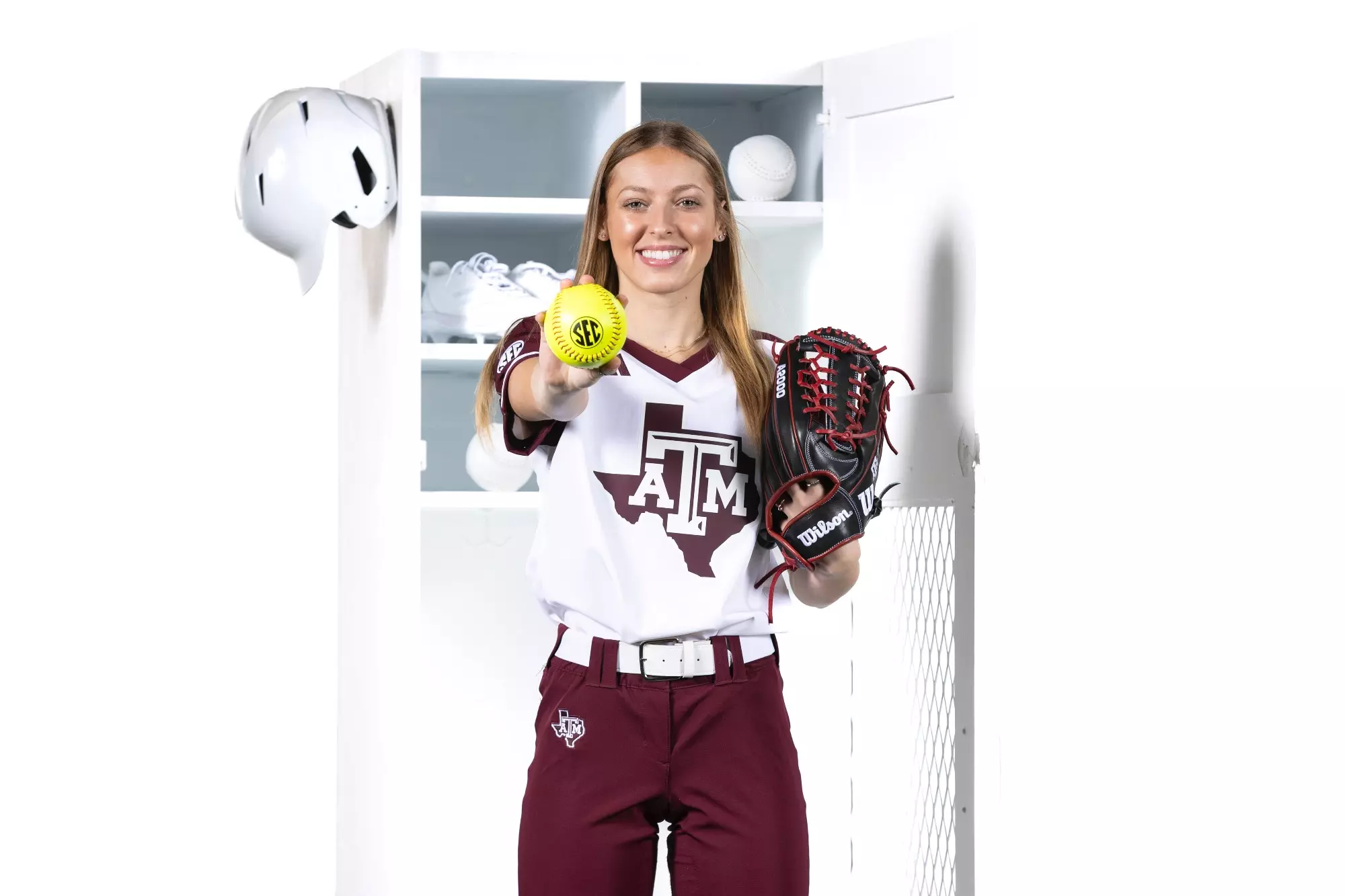 COLLEGE STATION, TX - January 09, 2024 - Hailey Golden #9 of the Texas A&M Aggies during Texas A&M Aggies Softball photo day in College Station, TX. Photo By Evan Pilat/Texas A&M Athletics