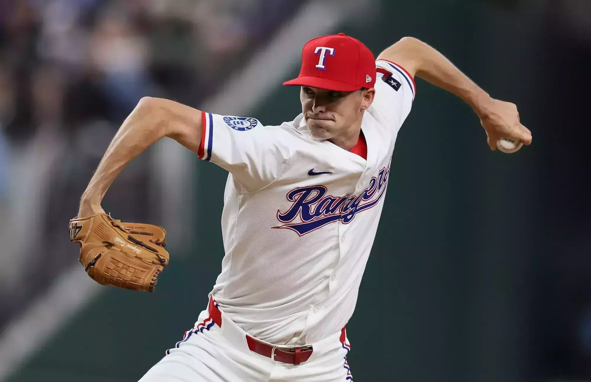 ARLINGTON, TEXAS - JULY 19: Hoby Milner #41 of the Texas Rangers pitches during the seventh inning against the Detroit Tigers at Globe Life Field on July 19, 2025 in Arlington, Texas. (Photo by Sam Hodde/Getty Images)