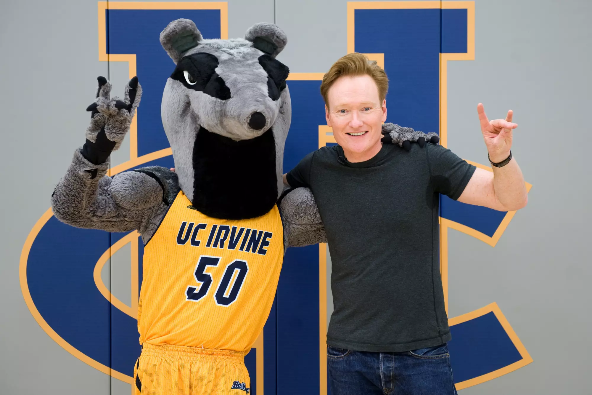 Conan O'Brien meets with Peter the anteater for a segment to run on his show.
Steve Zylius/UC Irvine Communications