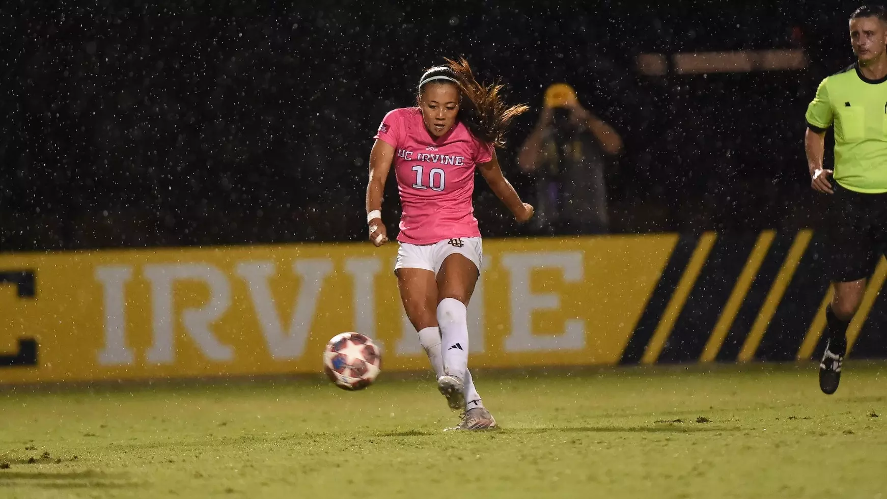 Fiona Shin fires one of her two goals in a 2026 match vs. CSUN