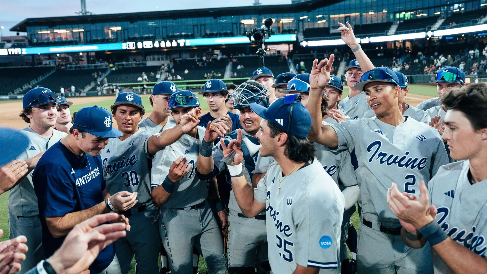 UC Irvine baseball celebrates a win over Vanderbilt