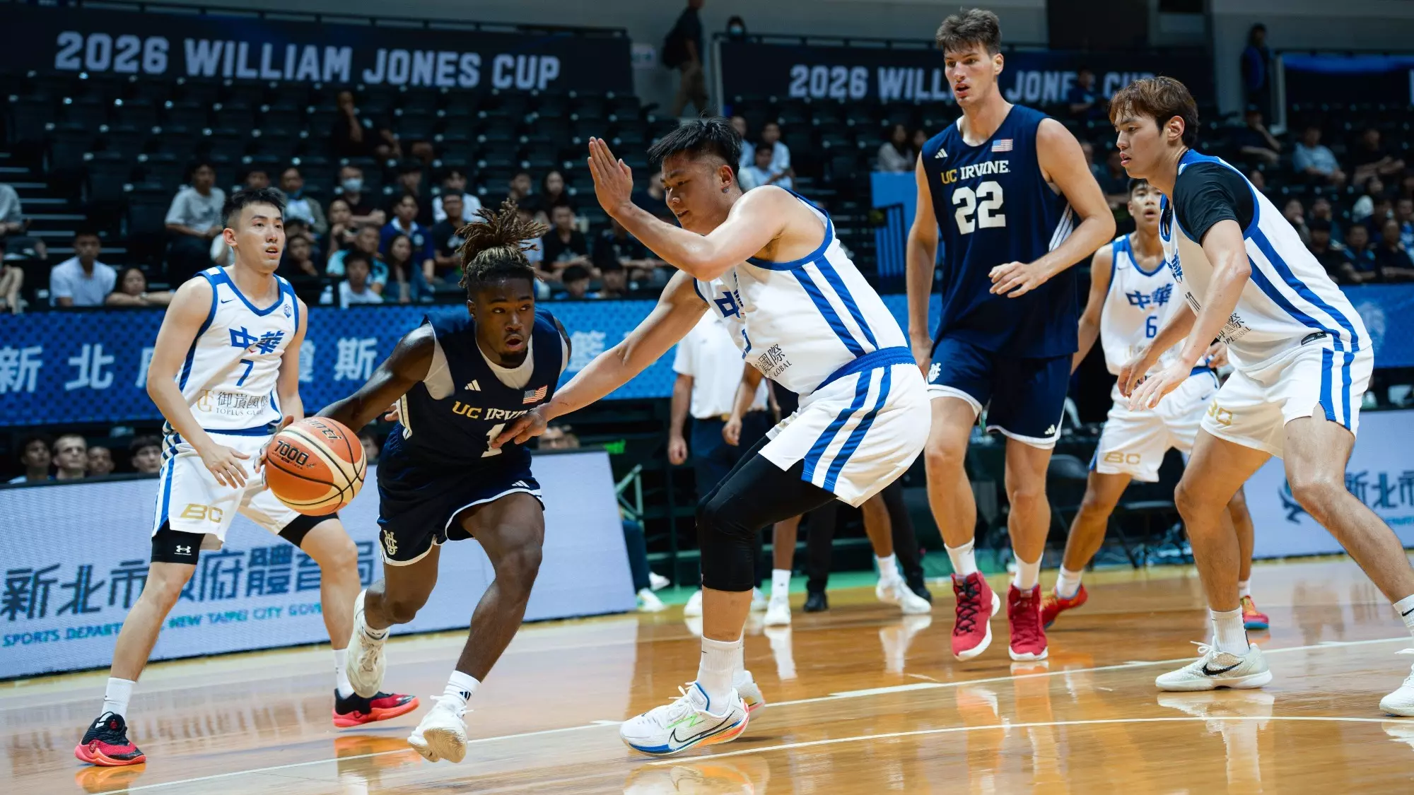Torian Lee and Olivier Rioux run the offensive in a matchup vs. Chinese Taipei White in the 2026 William Jones Cup