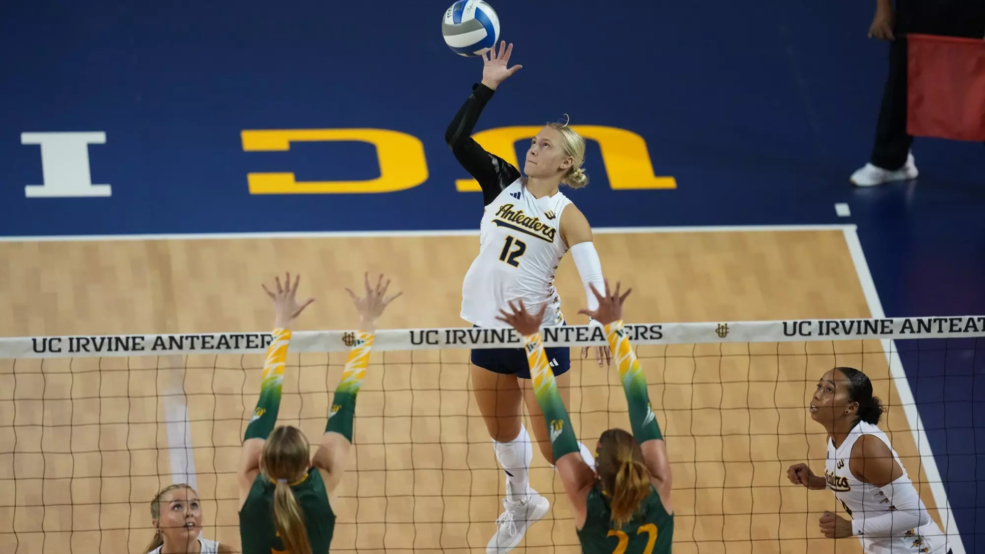 Action photo of Madison Triplett on a back row attack in UCI women's volleyball's exhibition match against Concordia