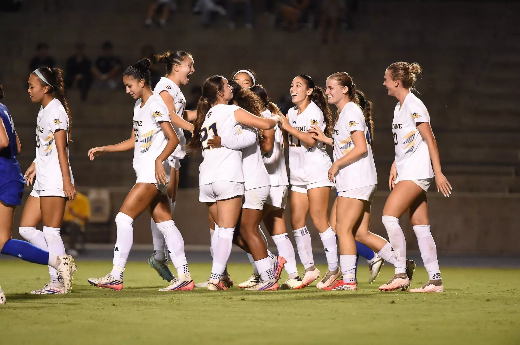 UC Irvine women's soccer rejoices with Chifumi Sasaki after her go-ahead goal vs. Cal State Bakersfield