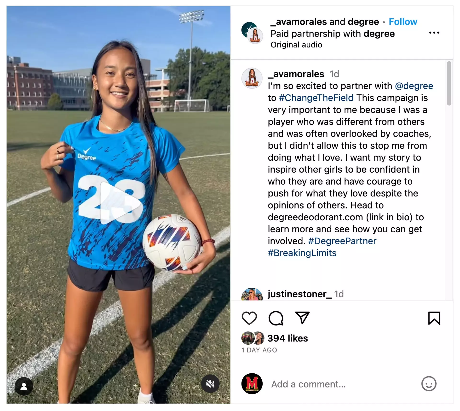 Ava Morales Instagram Post promoting Degree's Change The Field campaign