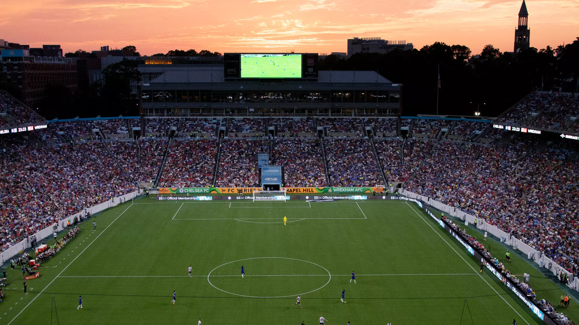 Sunset at Kenan Stadium during the Chelsea-Wrexham match.