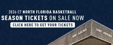 Graphic with navy background, UNF Arena and text for University of North Florida Basketball season tickets on sale now