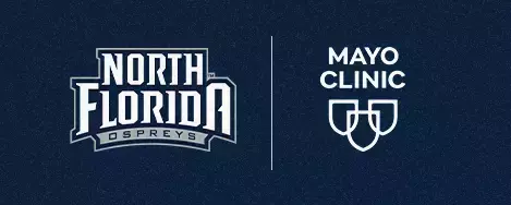 Graphic with navy background and the University of North Florida Athletics banner logo and Mayo Clinic logo