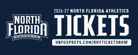 Graphic with navy background and text for University of North Florida Athletics tickets on sale now