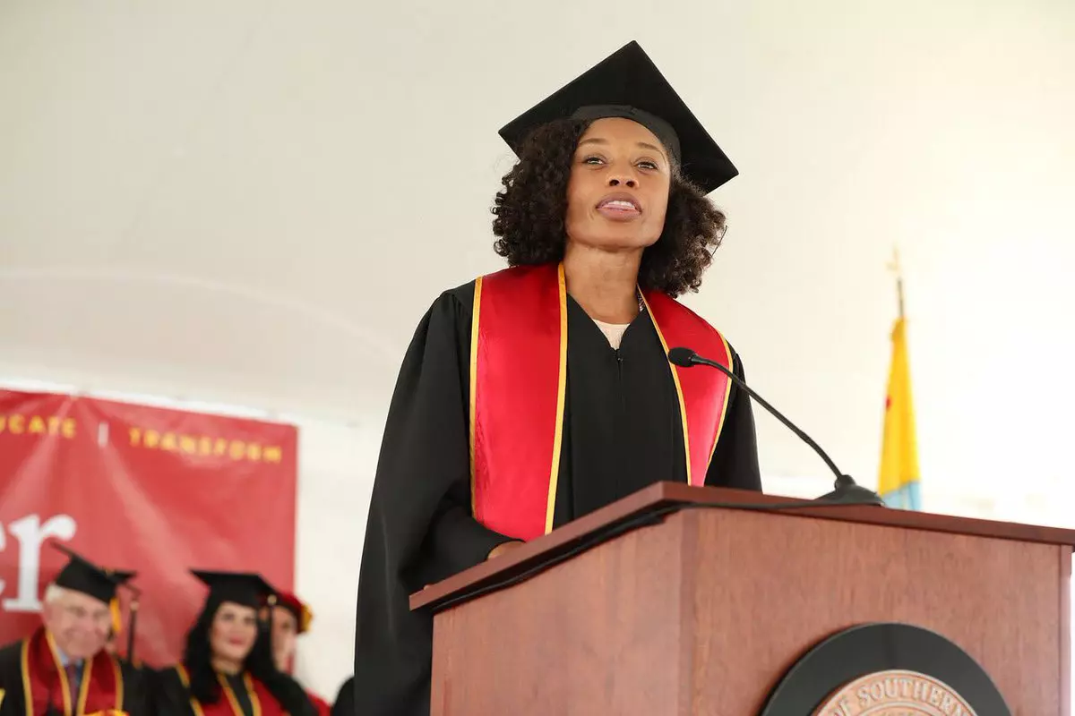 Allyson Felix speaking at USC graduation