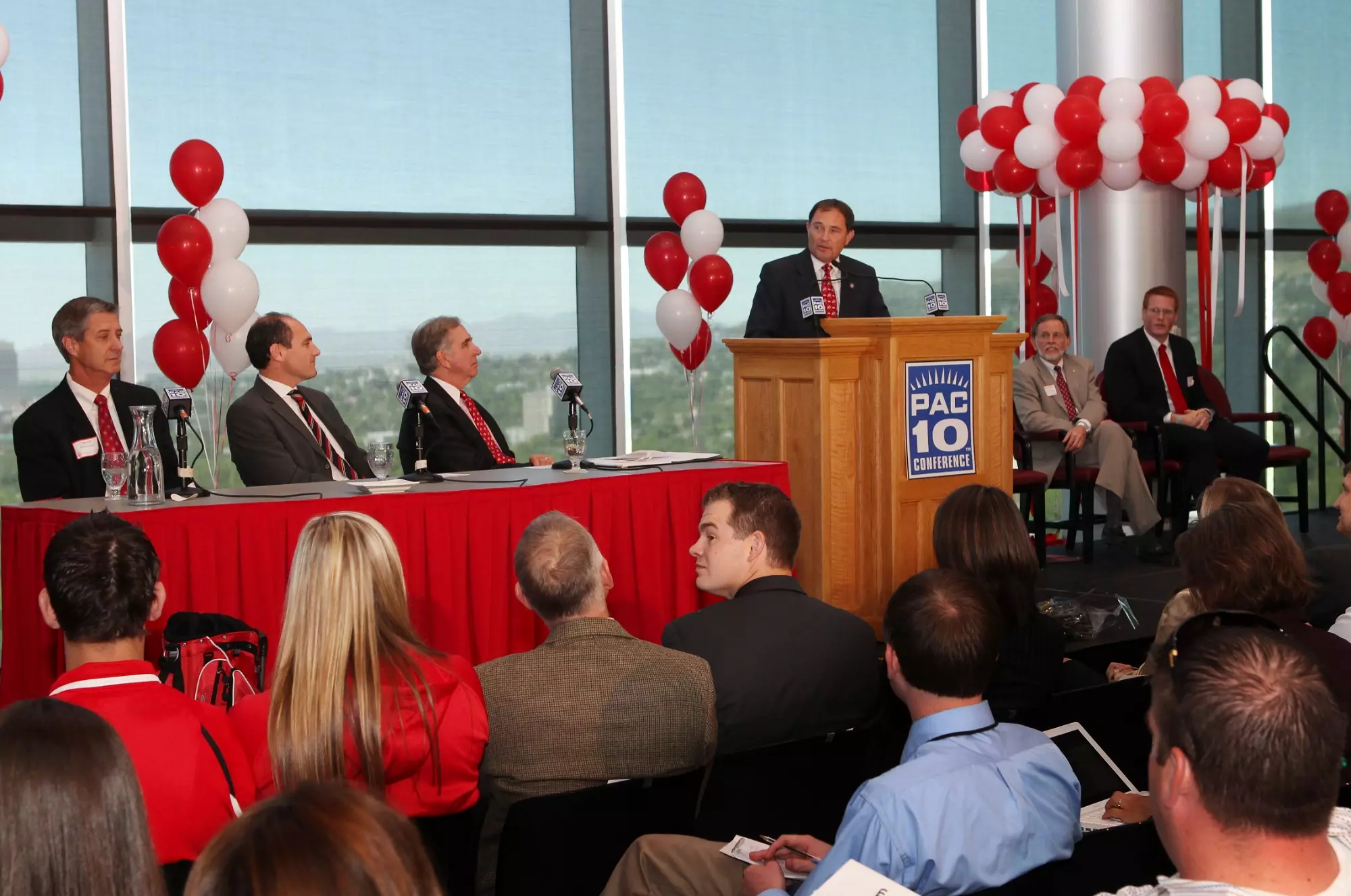 press conference held at the University of Utah Rice-Eccles Stadium June 17, 2010 in Salt Lake City. The University of Utah Board of Trustees met to approve a move from the Mountain West Conference to the Pac-10 Conference. ( Photo/Steve C. Wilson)