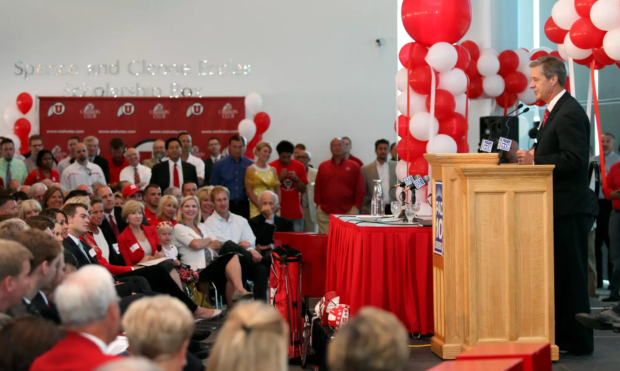 press conference held at the University of Utah Rice-Eccles Stadium June 17, 2010 in Salt Lake City. The University of Utah Board of Trustees met to approve a move from the Mountain West Conference to the Pac-10 Conference. ( Photo/Steve C. Wilson)