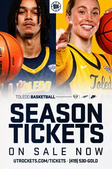 Toledo Basketball 2026-27 Season Tickets on Sale. Featuring Toledo basketball players on the graphic, Jaylan Ouwinga and Ella Weaver. To get tickets visit utrockets.com/tickets or call 4195304653.
