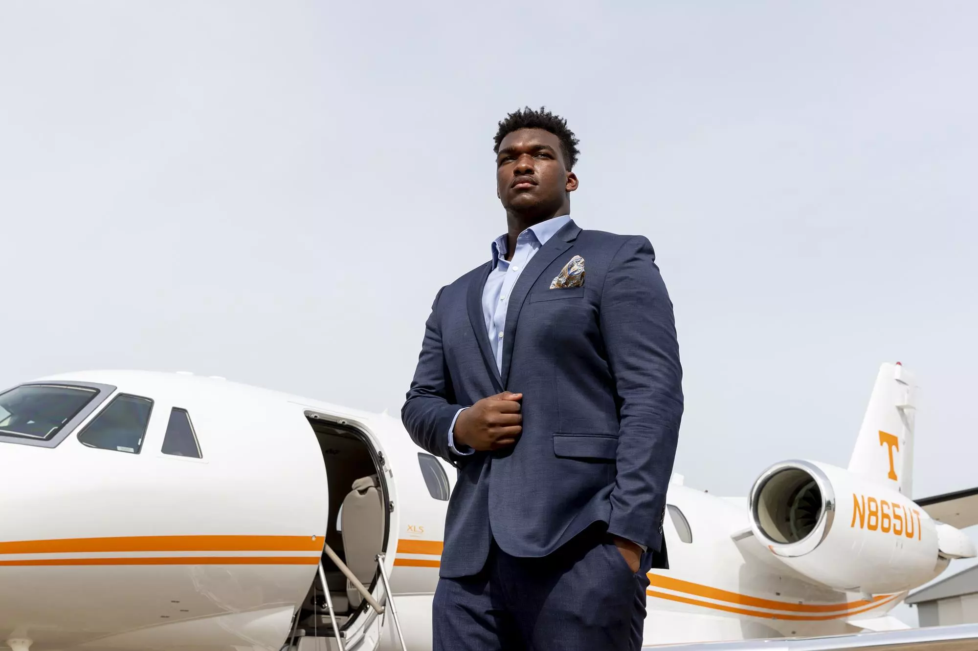 KNOXVILLE, TN - AUGUST 27, 2020 - Offensive lineman Jerome Carvin #75 of the Tennessee Volunteers during a photoshoot at TAC Air in Knoxville, TN. Photo By Andrew Ferguson/Tennessee Athletics