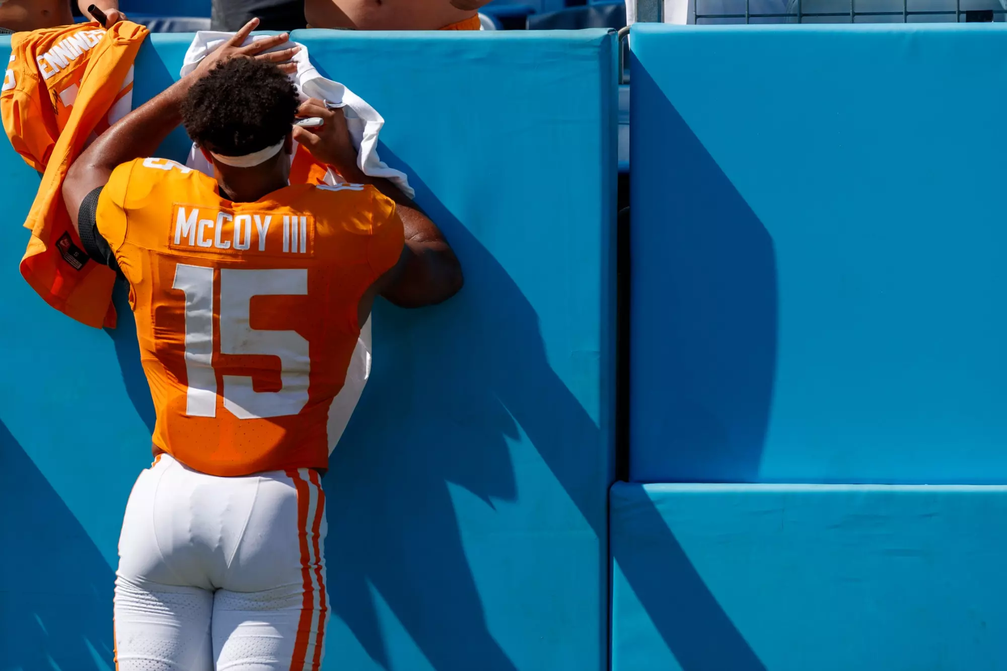 NASHVILLE, TN - September 02, 2023 - Wide receiver Bru McCoy #15 of the Tennessee Volunteers after the game between the Virginia Cavaliers and the Tennessee Volunteers at Nissan Stadium in Nashville, TN. Photo By Kate Luffman/Tennessee Athletics