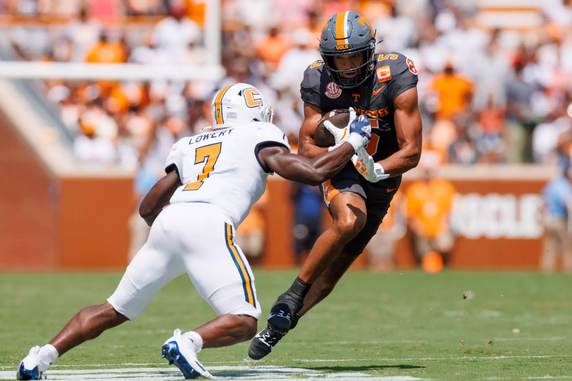 KNOXVILLE, TN - August 31, 2024 - Wide receiver Bru McCoy #5 of the Tennessee Volunteers during the game between the Chattanooga Mocs and the Tennessee Volunteers at Neyland Stadium in Knoxville, TN. Photo By Kate Luffman/Tennessee Athletics