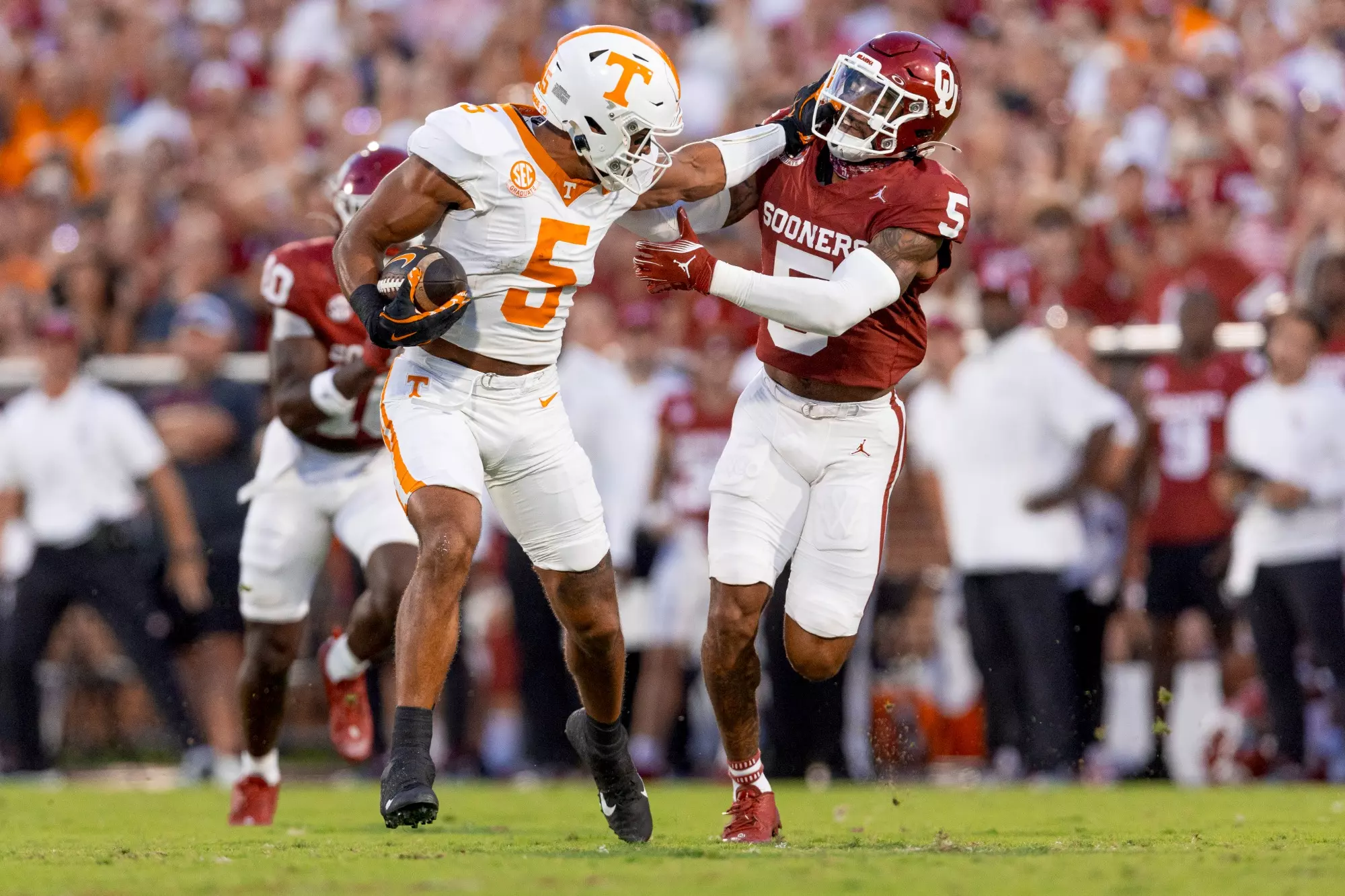NORMAN, OK - September 21, 2024 - Wide receiver Bru McCoy #5 of the Tennessee Volunteers during the game between the Oklahoma Sooners and the Tennessee Volunteers at Gayford Family Oklahoma Memorial Stadium in Norman, OK. Photo By Andrew Ferguson/Tennessee Athletics