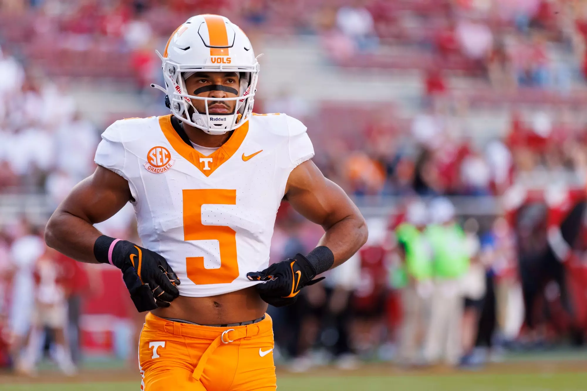 FAYETTEVILLE, AR - October 05, 2024 - Wide receiver Bru McCoy #5 of the Tennessee Volunteers before the game between the Arkansas Razorbacks and the Tennessee Volunteers at Razorback Stadium in Fayetteville, AR. Photo By Kate Luffman/Tennessee Athletics