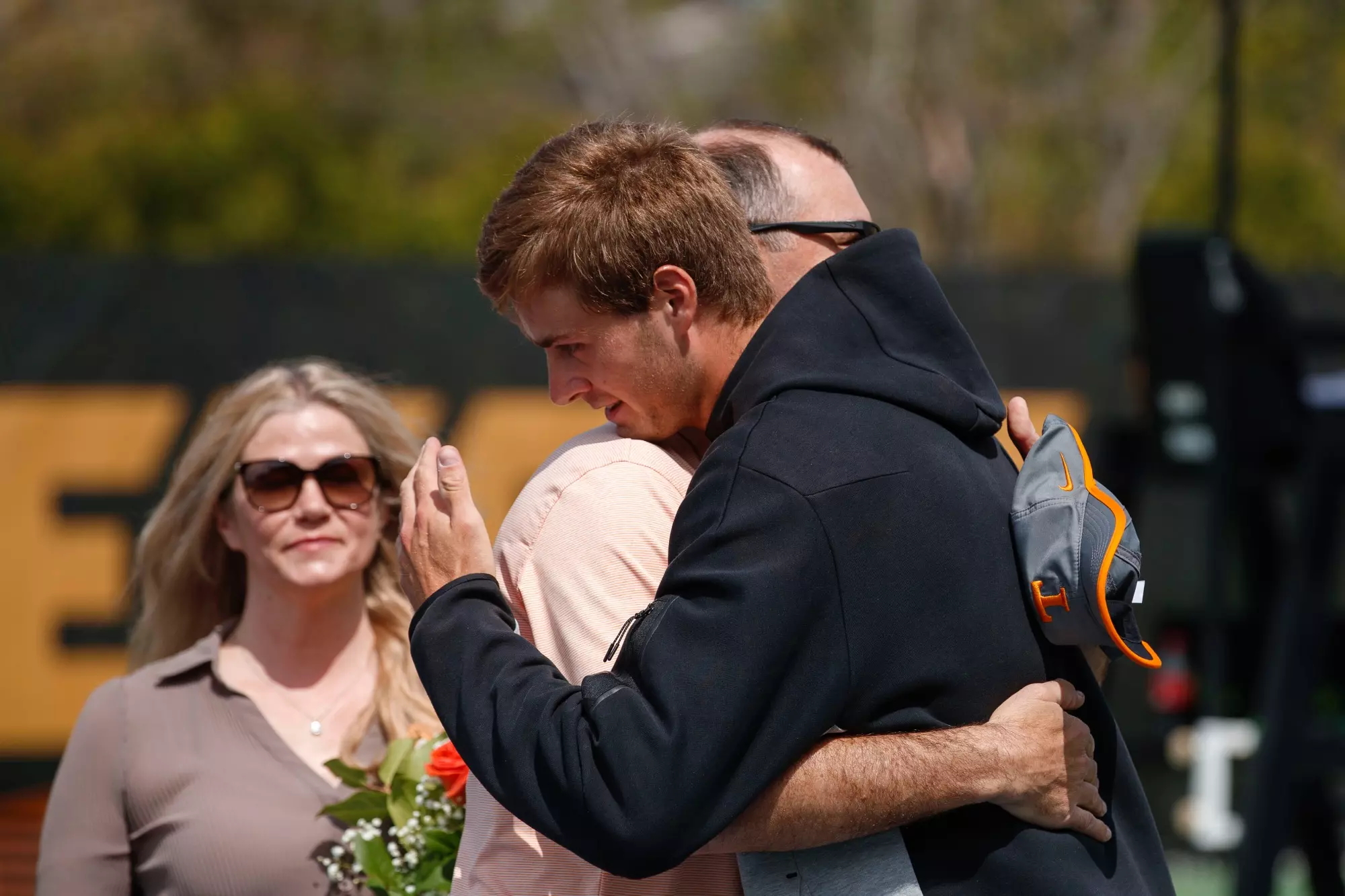 KNOXVILLE, TN - March 31, 2024 - Johannus Monday and Head Coach Chris Woodruff of the Tennessee Volunteers during senior day before the game between the South Carolina Gamecocks and the Tennessee Volunteers at Barksdale Stadium in Knoxville, TN. Photo By Kate Luffman/Tennessee Athletics