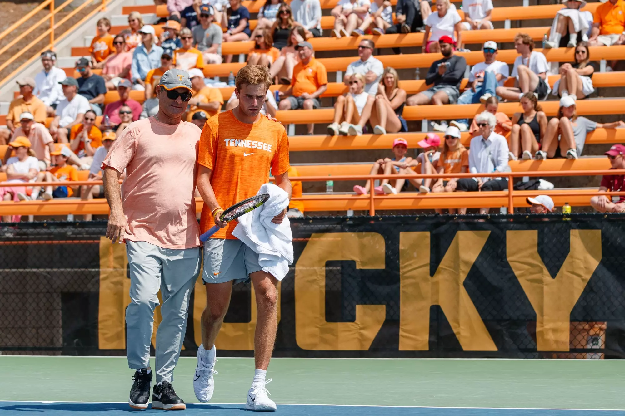 KNOXVILLE, TN - May 11, 2024 - Head Coach Chris Woodruff and Johannus Monday of the Tennessee Volunteers during the 2024 NCAA Men?s Tennis Tournament Super Regional match between the Florida State Seminoles and the Tennessee Volunteers at Barksdale Stadium in Knoxville, TN. Photo By Ian Cox/Tennessee Athletics