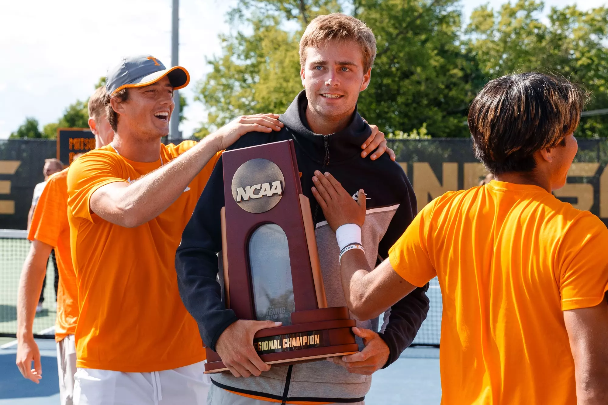 KNOXVILLE, TN - May 11, 2024 - Younes Lalami Johannus Monday, and Shunsuke Mitsui of the Tennessee Volunteers after the 2024 NCAA Men?s Tennis Tournament Super Regional match between the Florida State Seminoles and the Tennessee Volunteers at Barksdale Stadium in Knoxville, TN. Photo By Ian Cox/Tennessee Athletics