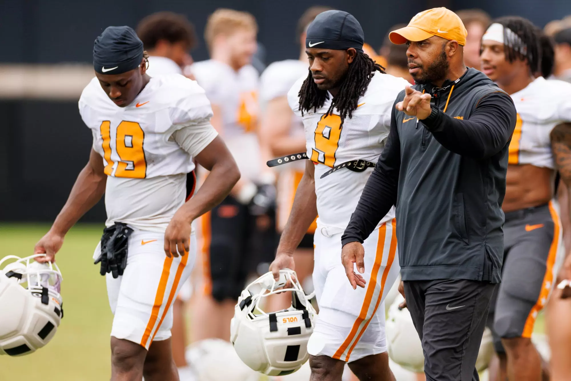 KNOXVILLE, TN - August 06, 2025 - Running back Star Thomas #9 and Running Backs Coach De'Rail Sims of the Tennessee Volunteers during 2025 Fall Camp practice on Haslam Field in Knoxville, TN. Photo By Kate Luffman/Tennessee Athletics