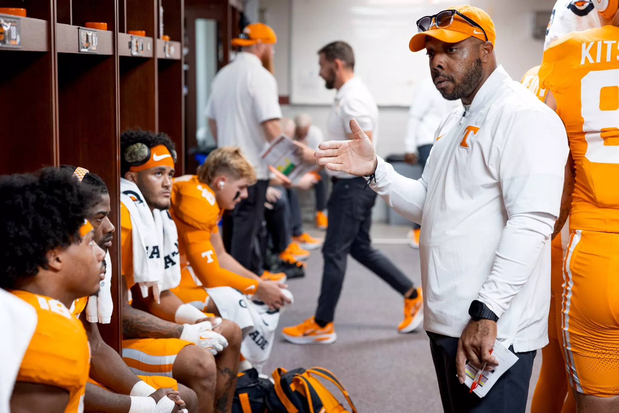 STARKVILLE, MS - September 27, 2025 - Running Backs Coach De'Rail Sims of the Tennessee Volunteers before the game between the Mississippi State Bulldogs and the Tennessee Volunteers at Davis Wade Stadium in Starkville, MS. Photo By Andrew Ferguson/Tennessee Athletics