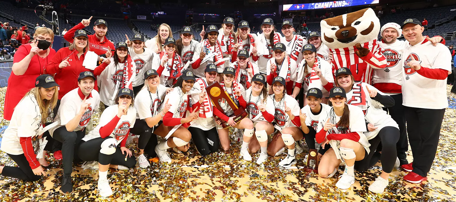 COLUMBUS, OH - DECEMBER 18: Wisconsin Badgers players celebrate their win over the Nebraska Cornhuskers in the Division I Women’s Volleyball Championship on December 18, 2021 in Columbus, Ohio. (Photo by Jamie Schwaberow/NCAA Photos via Getty Images)