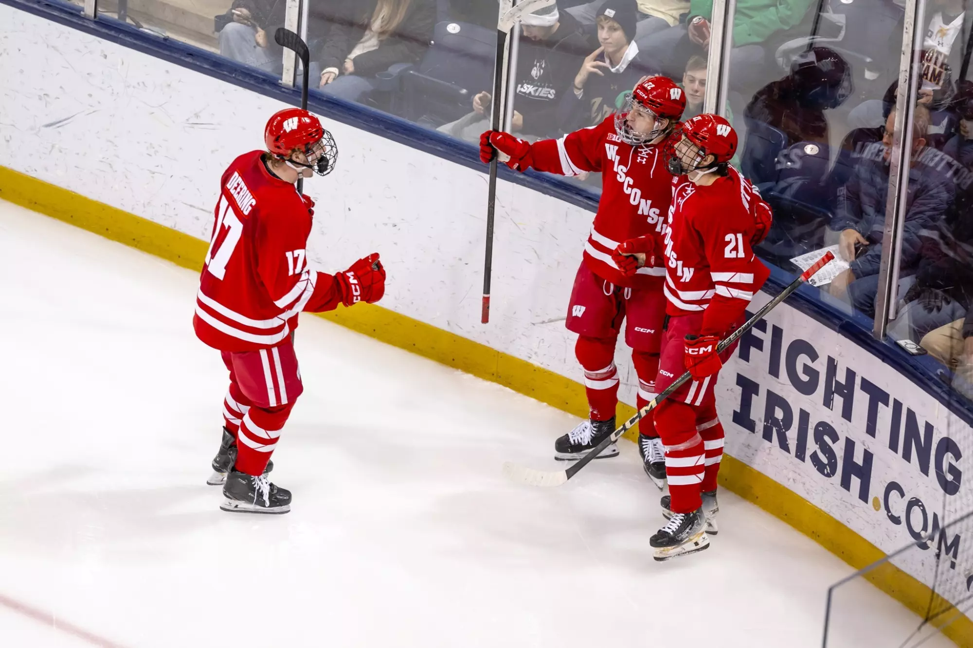Ryan Botterill celebrates a goal with his teammates at Notre Dame
