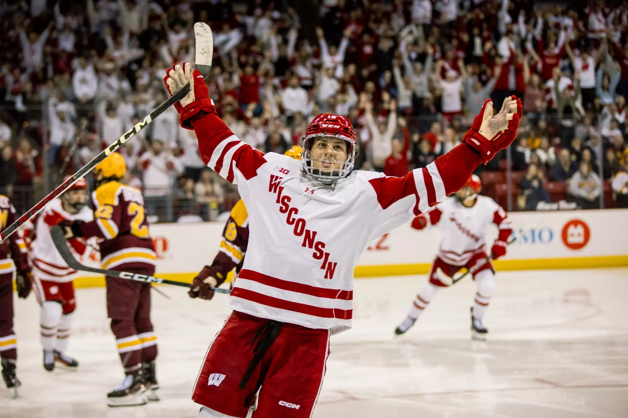 The Wisconsin Badgers men’s hockey team loses to Minnesota 1-2 in overtime in the Kohl Center at the University of Wisconsin- Madison on Feb. 2, 2024. (Photo by Taylor Wolfram / Wisconsin Athletics Communications)