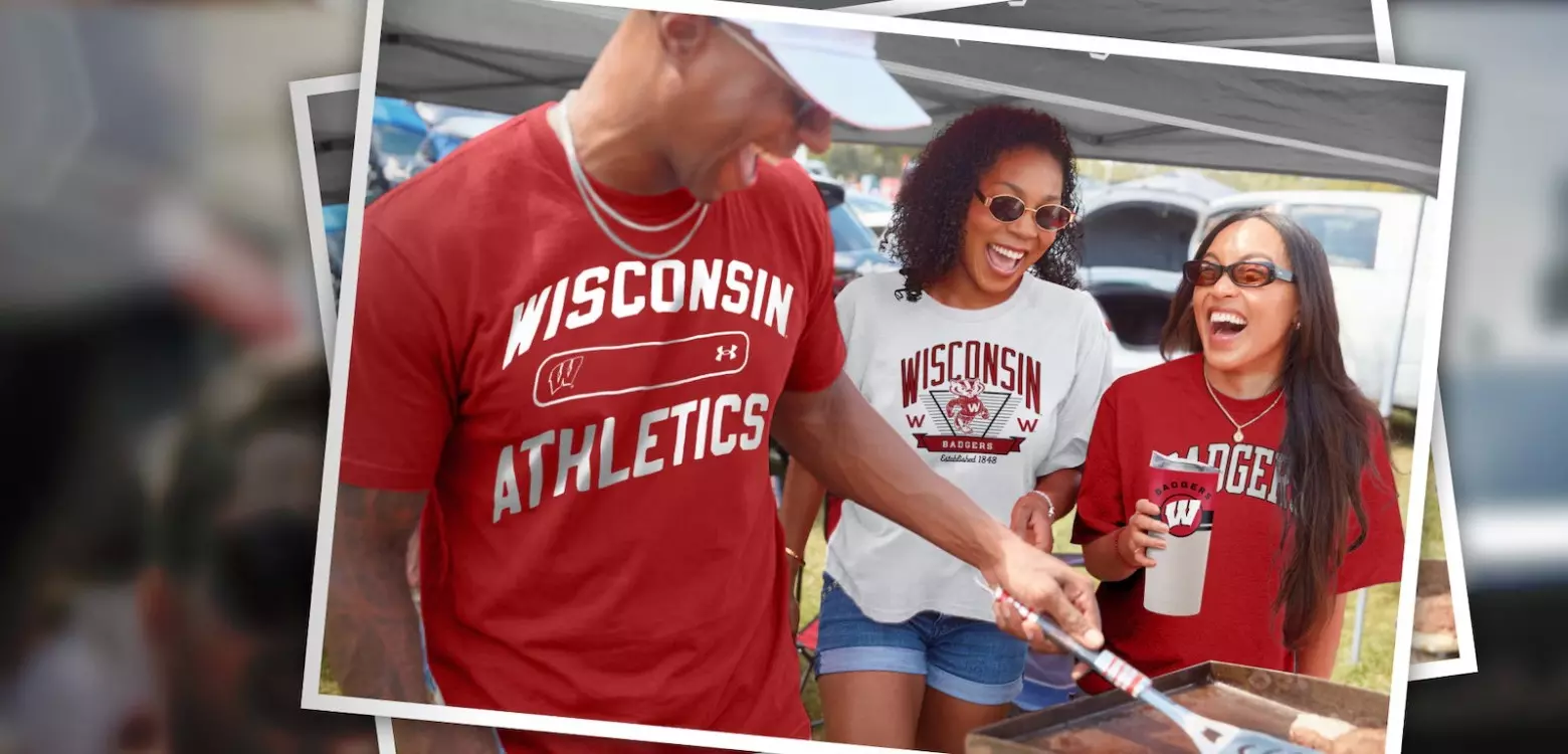 One male and two females tailgating in Wisconsin apparel