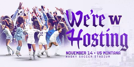 "We're hosting" UW women's soccer web banner