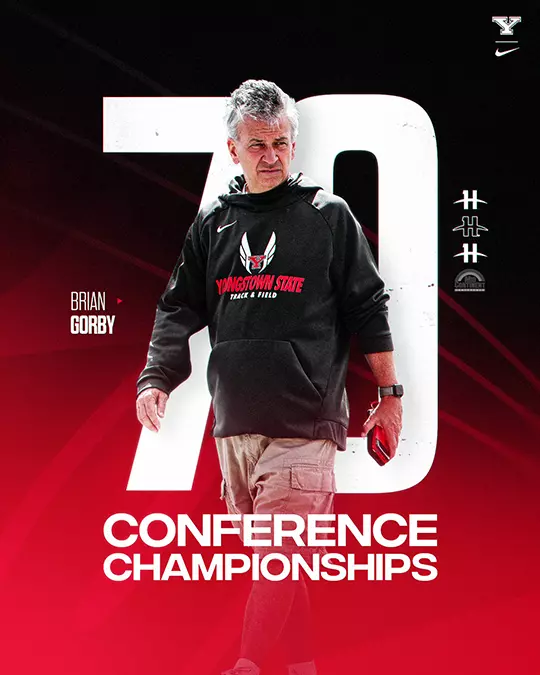 Graphic: YSU Track & Field Coach Gorby stands with the number 70 behind him, celebrating his number of conference championships.