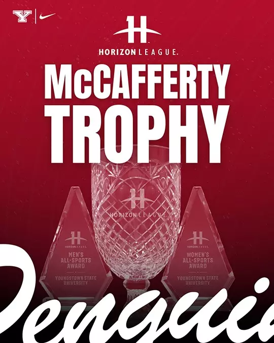 The Horizon League McCafferty Trophy, Men's All-Sports Award and Women's All-Sports Award on a red background