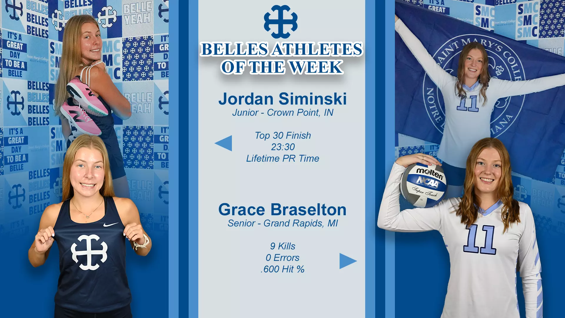 Kelly Siminski Siminski and Braselton Earn Belles Weekly Honor - Saint Mary's College