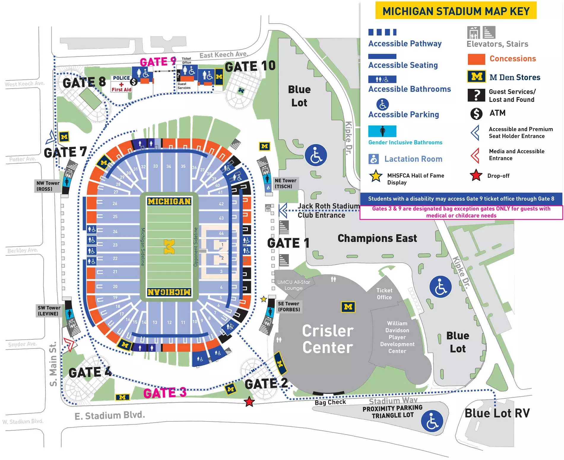 Michigan Stadium parking and pedestrian map showing stadium gates, accessible pathways, accessible seating, accessible parking, restrooms, elevators, guest services and surrounding streets