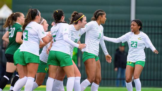 The University of Oregon Ducks Women's Soccer team played the Portland State University Vikings in a home game at Papé Field in Eugene, Ore., on April 27, 2024.  (Eric Becker/Oregon Women's Soccer)